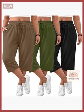 Plus Size Wide Leg Yoga Capri Sweatpants Drawstring Loose Fit Cropped Pants
